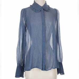 7 For All Mankind sheer blue Blouse with lured pinstripe & Ruffle details